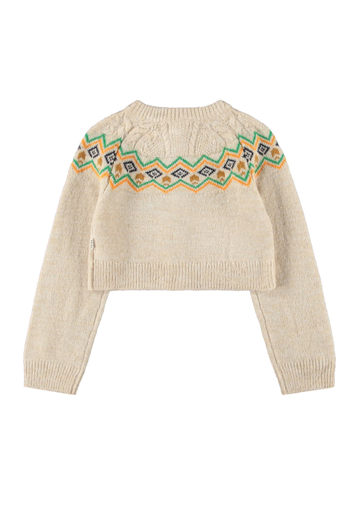 Beige sweater with colorful pattern on a white background