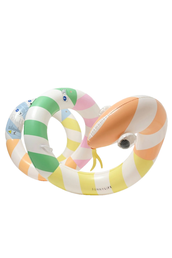 Colorful inflatable snake toy on a white background