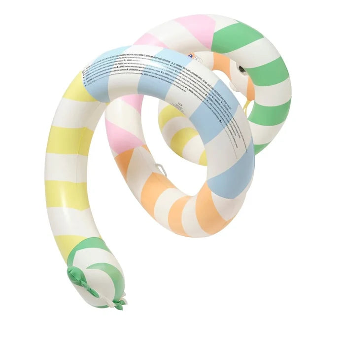 Pastel striped inflatable snake toy on a white background