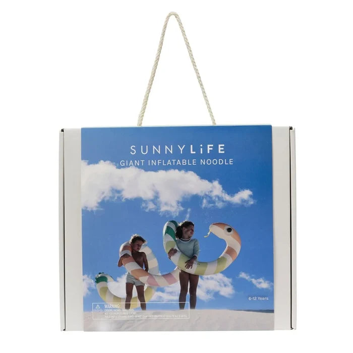 Sunnylife giant inflatable noodle packaging with children playing on a blue sky background
