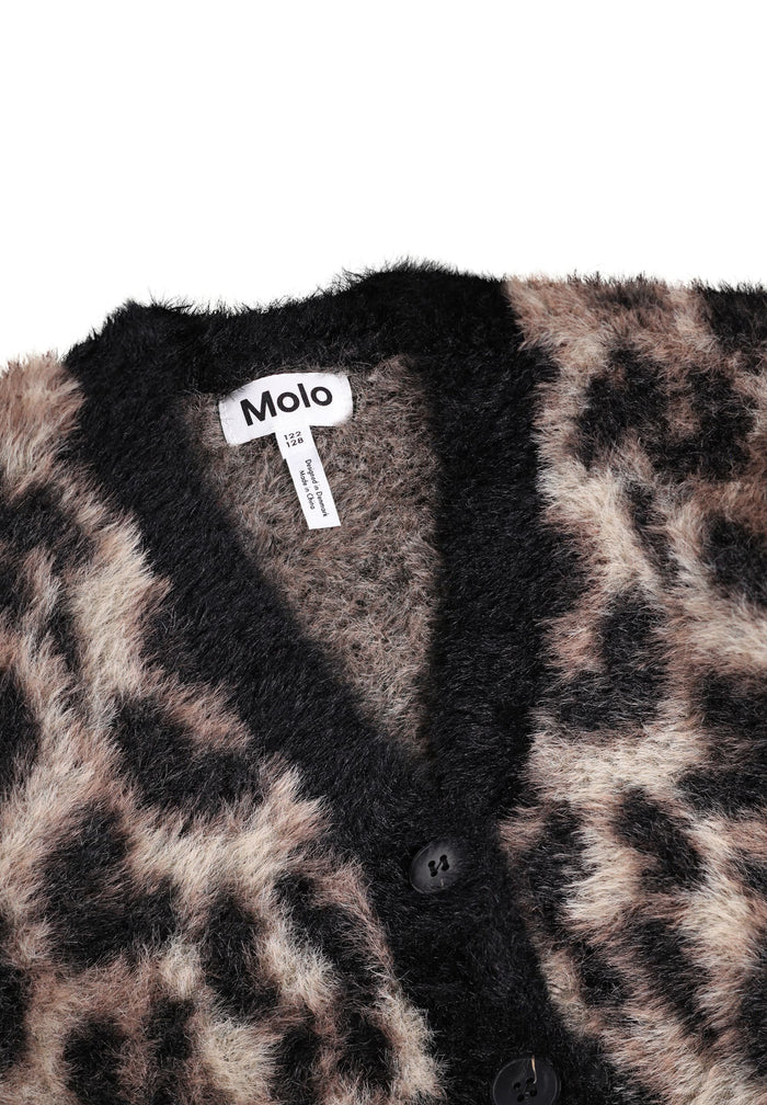 Leopard print cardigan with a visible Molo brand tag on a white background