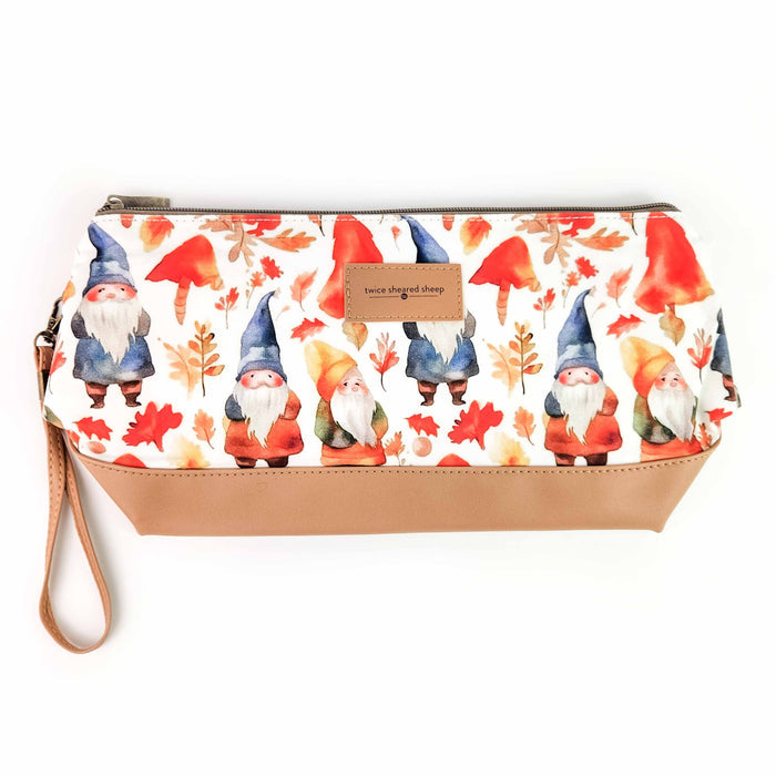 Gnome Friends Trinity Bag medium zippered knitting project bag with watercolor gnomes, mushrooms, and autumn leaves print
