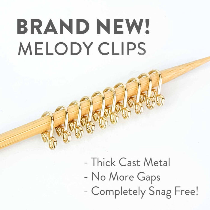 Brand New Melody Clips promotional image showing gold cast metal stitch markers on knitting needle with features listed