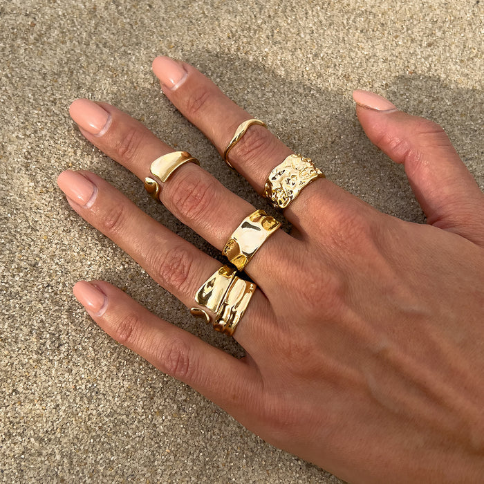 Gold Celestial & Ocean Statement Ring Set | Sun, Starfish, & Hammered Wave Rings