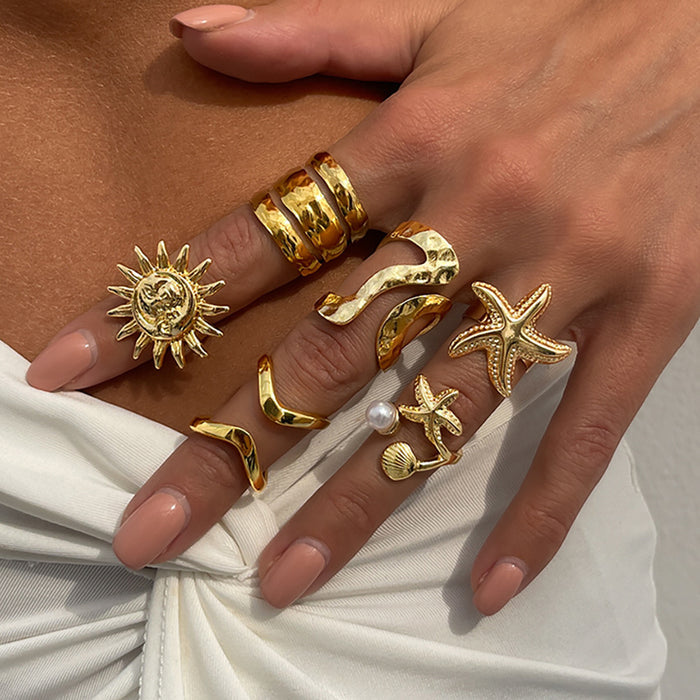 Gold Celestial & Ocean Statement Ring Set | Sun, Starfish, & Hammered Wave Rings