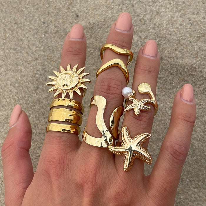 Gold Celestial & Ocean Statement Ring Set | Sun, Starfish, & Hammered Wave Rings