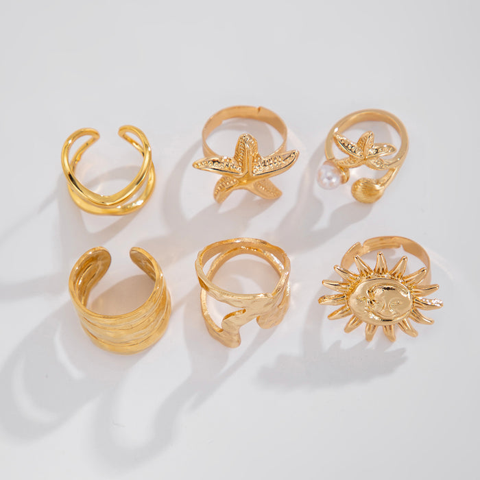 Gold Celestial & Ocean Statement Ring Set | Sun, Starfish, & Hammered Wave Rings