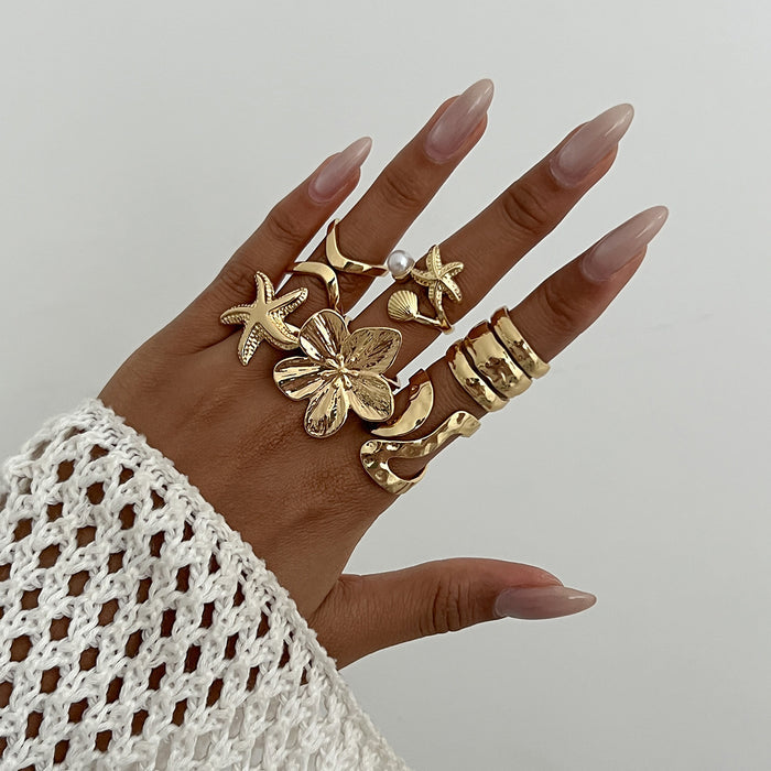 Gold Celestial & Ocean Statement Ring Set | Sun, Starfish, & Hammered Wave Rings