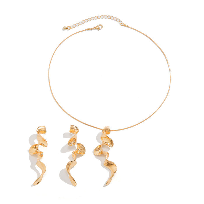 Gold Organic Twist Pendant Necklace & Earring Set | Abstract Wave Jewelry