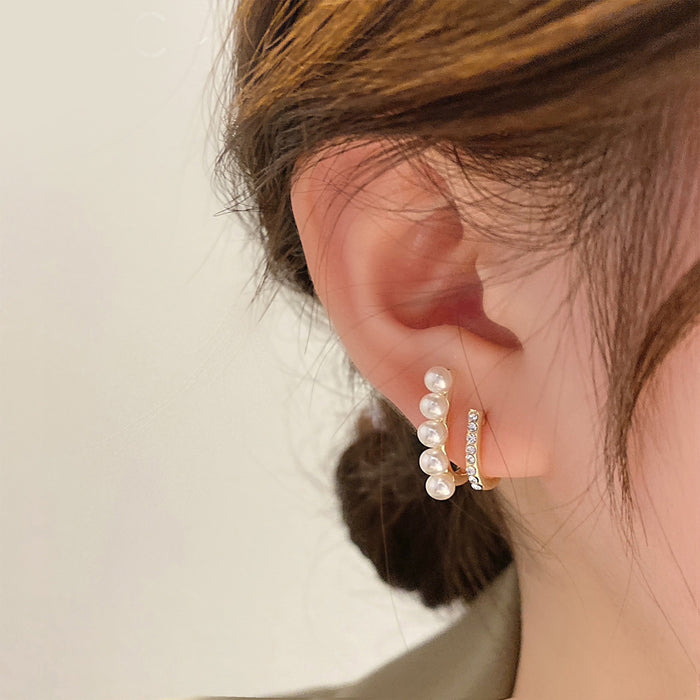 Gold Pearl & Crystal Pavé Double-Row Hoops | Minimalist Japanese-Korean Layered Earrings