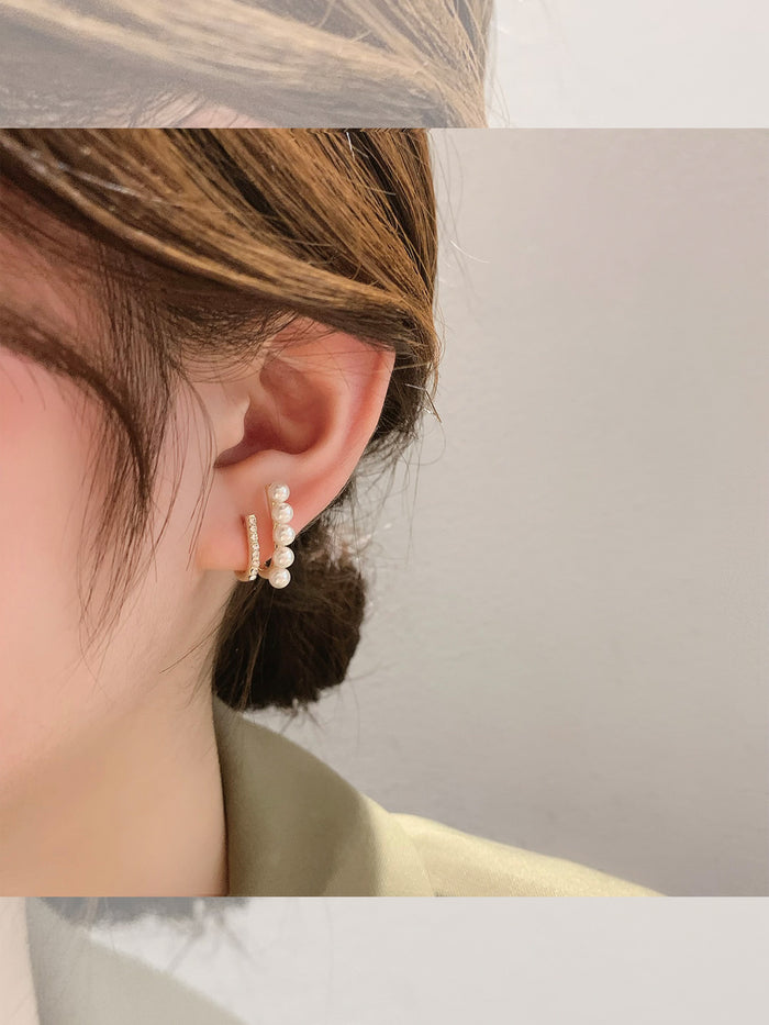 Gold Pearl & Crystal Pavé Double-Row Hoops | Minimalist Japanese-Korean Layered Earrings
