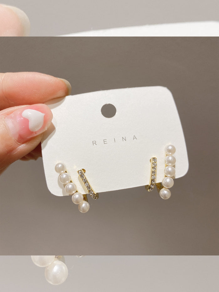 Gold Pearl & Crystal Pavé Double-Row Hoops | Minimalist Japanese-Korean Layered Earrings