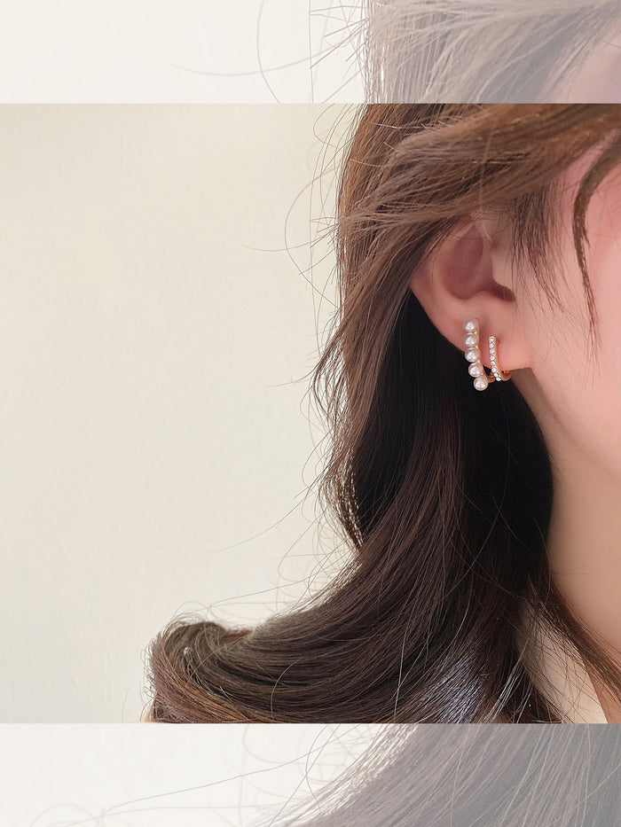 Gold Pearl & Crystal Pavé Double-Row Hoops | Minimalist Japanese-Korean Layered Earrings