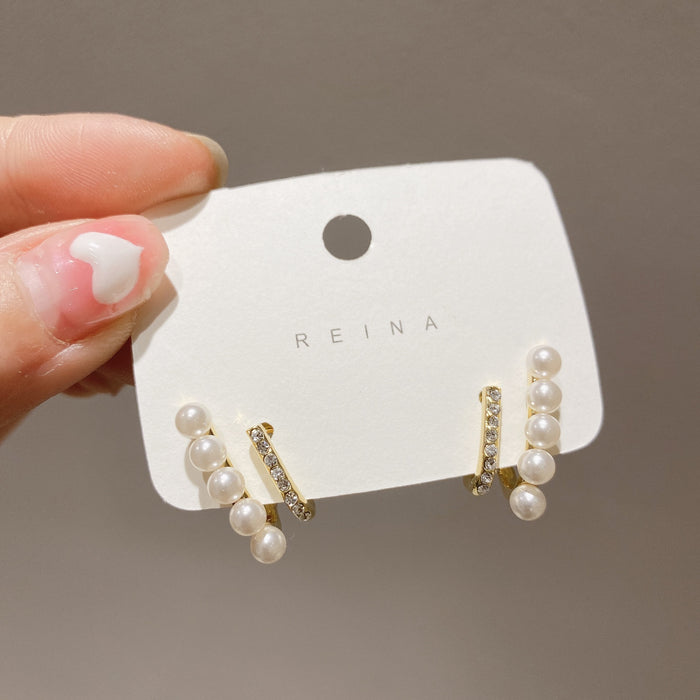 Gold Pearl & Crystal Pavé Double-Row Hoops | Minimalist Japanese-Korean Layered Earrings