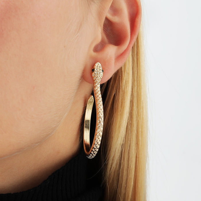 Gold Snake Hoop Earrings with Green Crystal Eyes | Pavé Serpent Jewelry