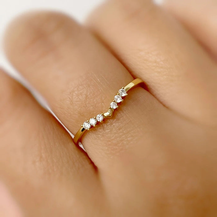 Gold V-Shaped Chevron Wishbone Ring | Minimalist Silver Stacking Ring with Zircon Crystals
