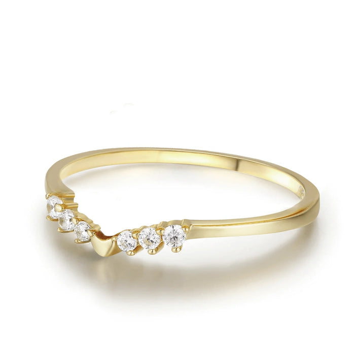 Gold V-Shaped Chevron Wishbone Ring | Minimalist Silver Stacking Ring with Zircon Crystals
