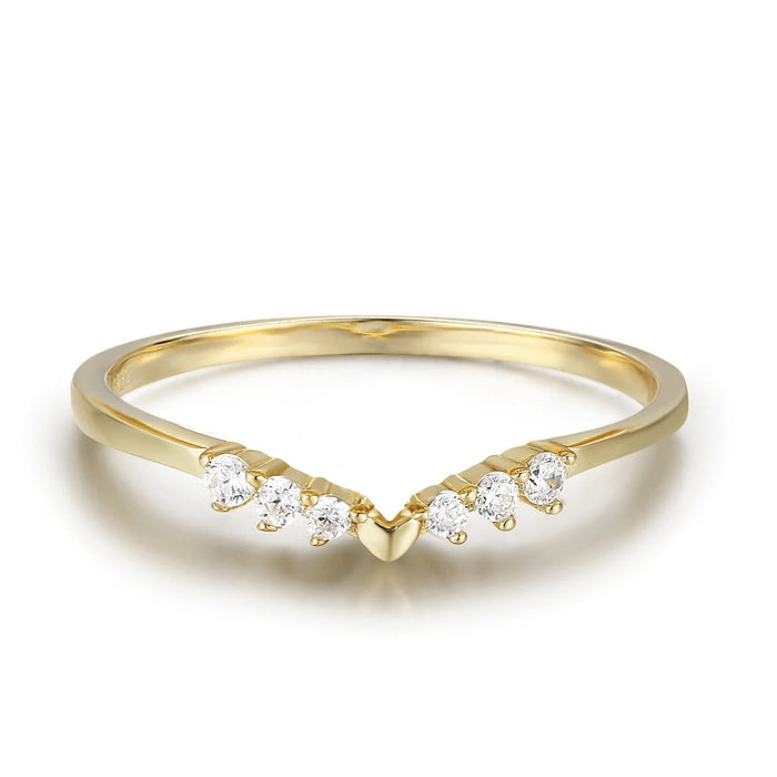 Gold V-Shaped Chevron Wishbone Ring | Minimalist Silver Stacking Ring with Zircon Crystals