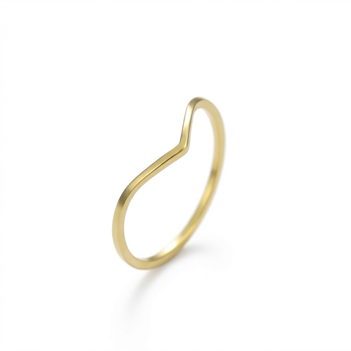 A sleek, 18k gold wavy V-shaped ring with a brushed matte finish, isolated on a pure white background for the MR BATZ luxury jewelry collection.