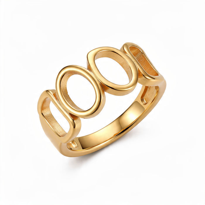 Gold geometric ring on white background with four hollow oval cutouts, polished minimalist open band design, modern architectural jewelry