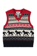 Red and black patterned children's sweater vest on a white background