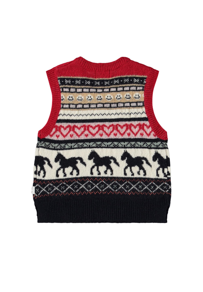 Red sleeveless sweater vest with horse pattern on a white background