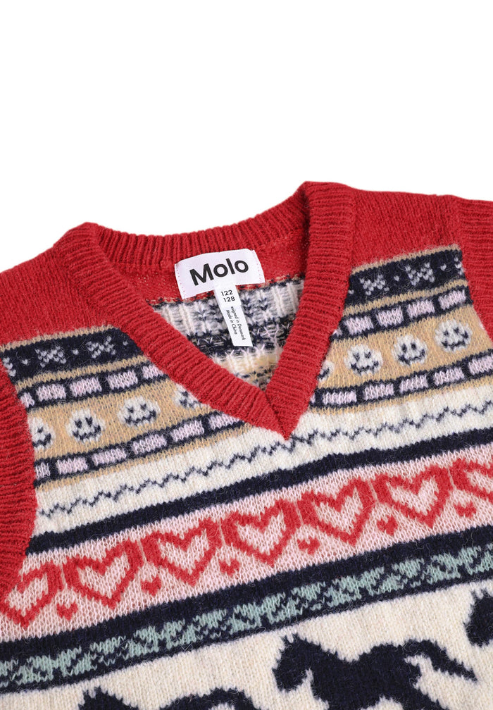 Close-up of a red knit sweater with a pattern and Molo label on a white background