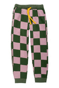Checkered pants with green and pink squares on a white background
