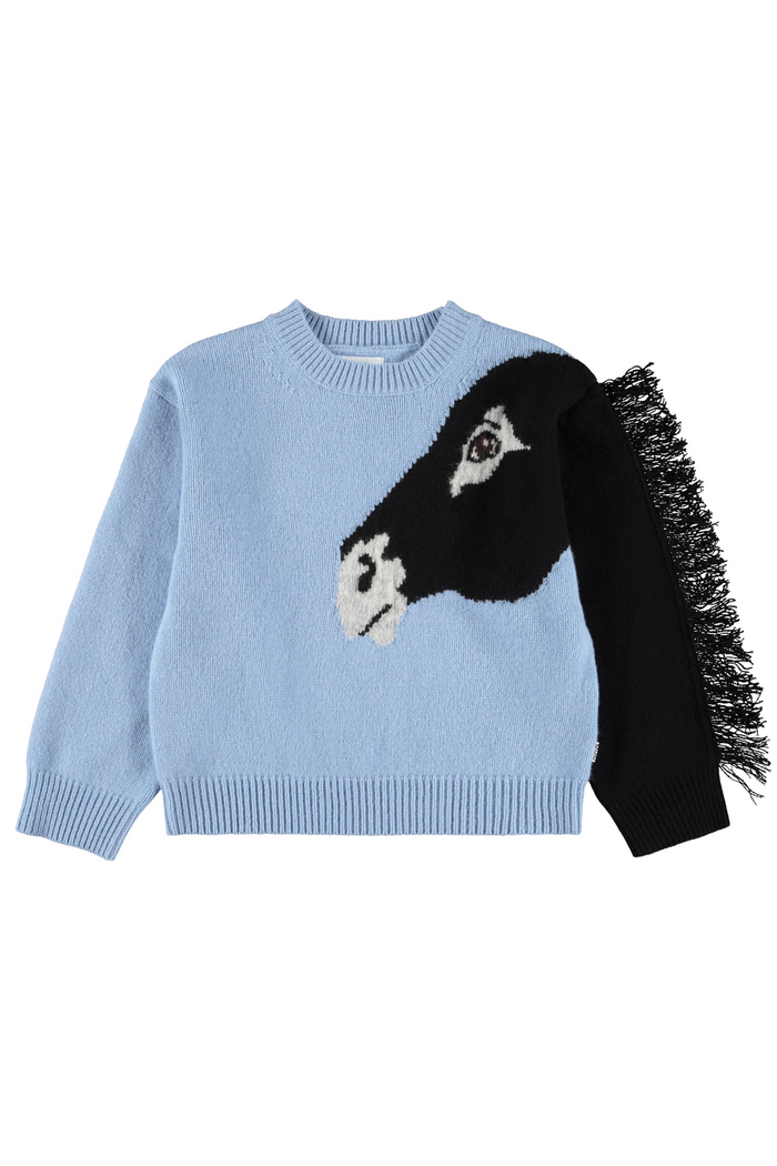 Light blue sweater with a black and white horse face design on a white background