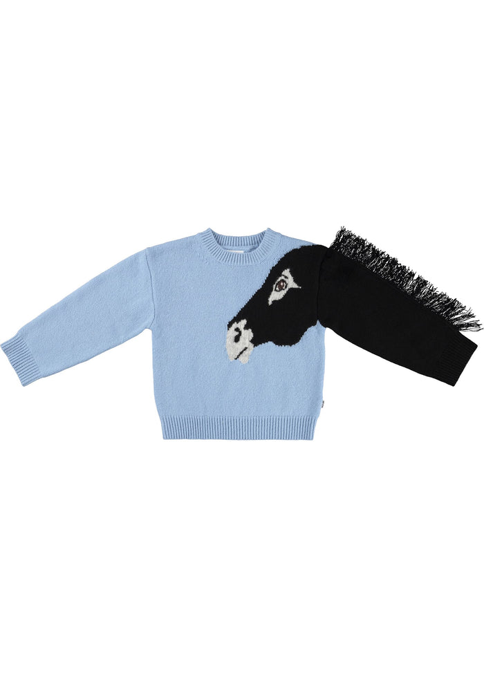 Light blue sweater with black and white face design on a white background