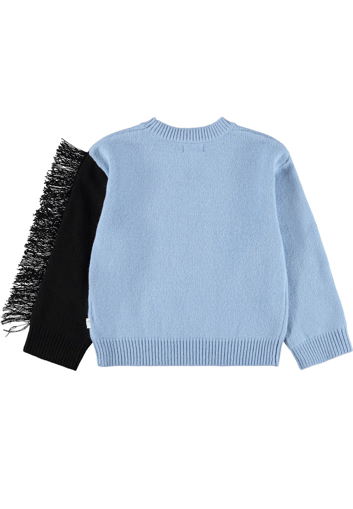 Light blue sweater with black fringed sleeves on a white background