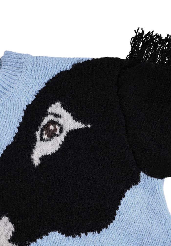 Black knit sweater with a horse face design on a light blue background