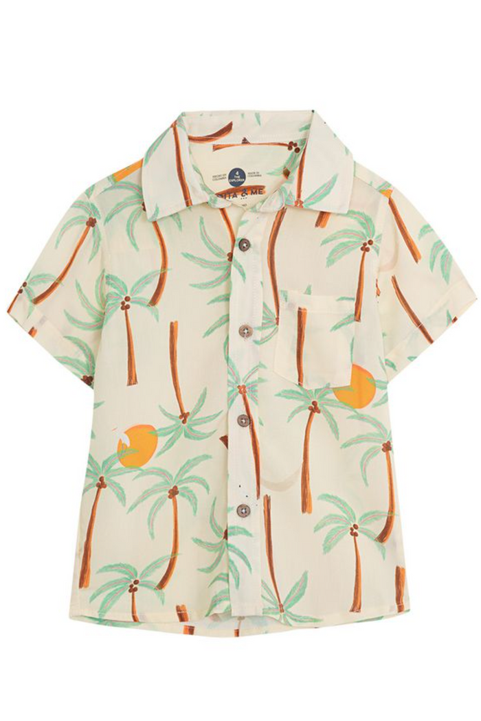 Short-sleeve shirt with palm tree and orange pattern on a white background