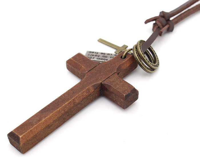 Handcrafted Wooden Cross Pendant Necklace | Rustic Leather Cord Religious Jewelry