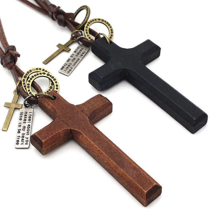 Handcrafted Wooden Cross Pendant Necklace | Rustic Leather Cord Religious Jewelry