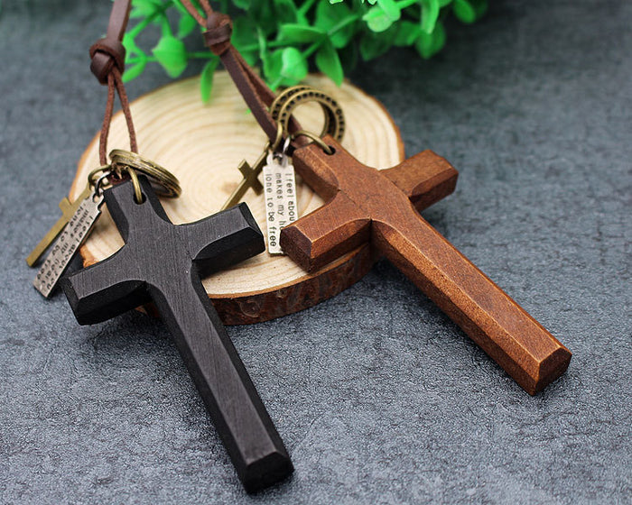 Handcrafted Wooden Cross Pendant Necklace | Rustic Leather Cord Religious Jewelry