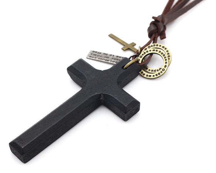 Handcrafted Wooden Cross Pendant Necklace | Rustic Leather Cord Religious Jewelry