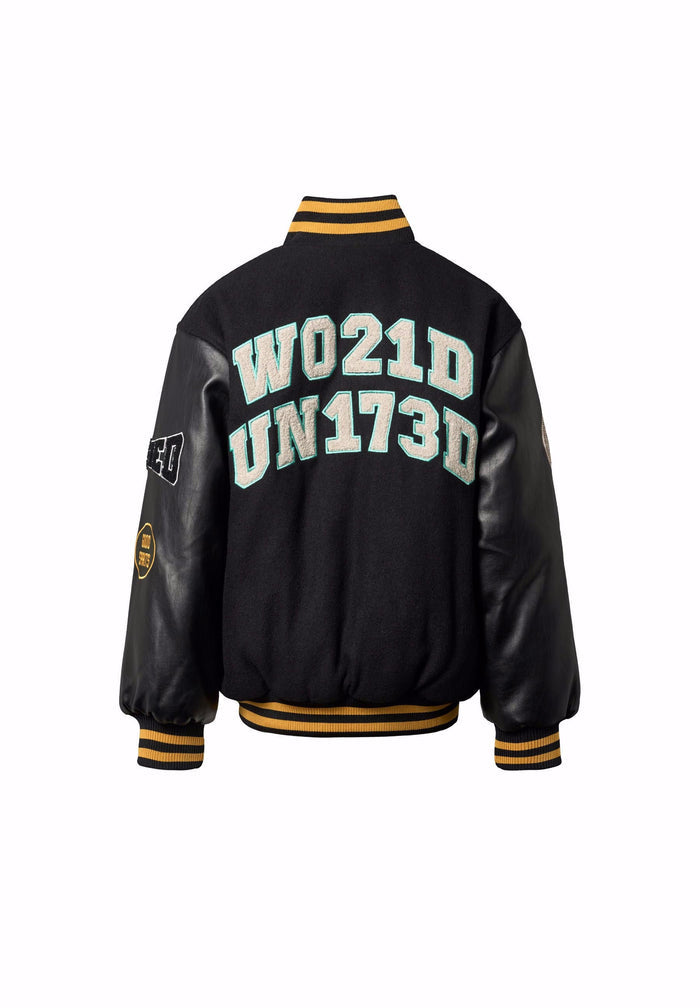 Black varsity jacket with text and logos on a white background