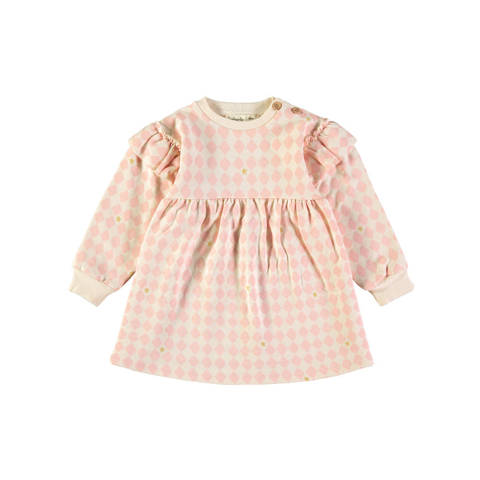 A long-sleeve baby dress in a light pink and white checkered pattern with small yellow star accents, featuring ruffled shoulder details and a gathered waist, shown against a plain white background.