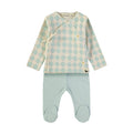 Baby two-piece outfit set featuring a long-sleeve wrap jacket with a cream and light blue argyle pattern and small yellow star details, paired with matching light blue footed pants.