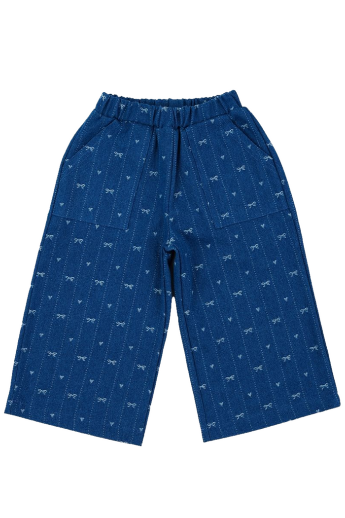 Blue pants with a subtle pattern on a white background