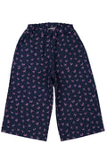 Navy blue pants with pink heart pattern on a white background