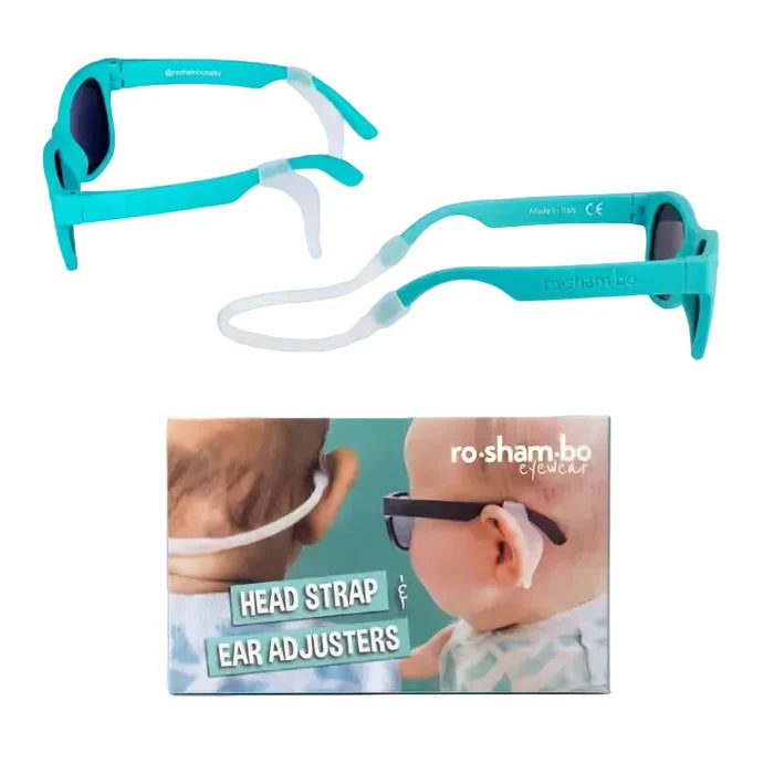 Teal sunglasses with a head strap and ear adjusters on a light blue background, featuring the ro-sham-bo brand.