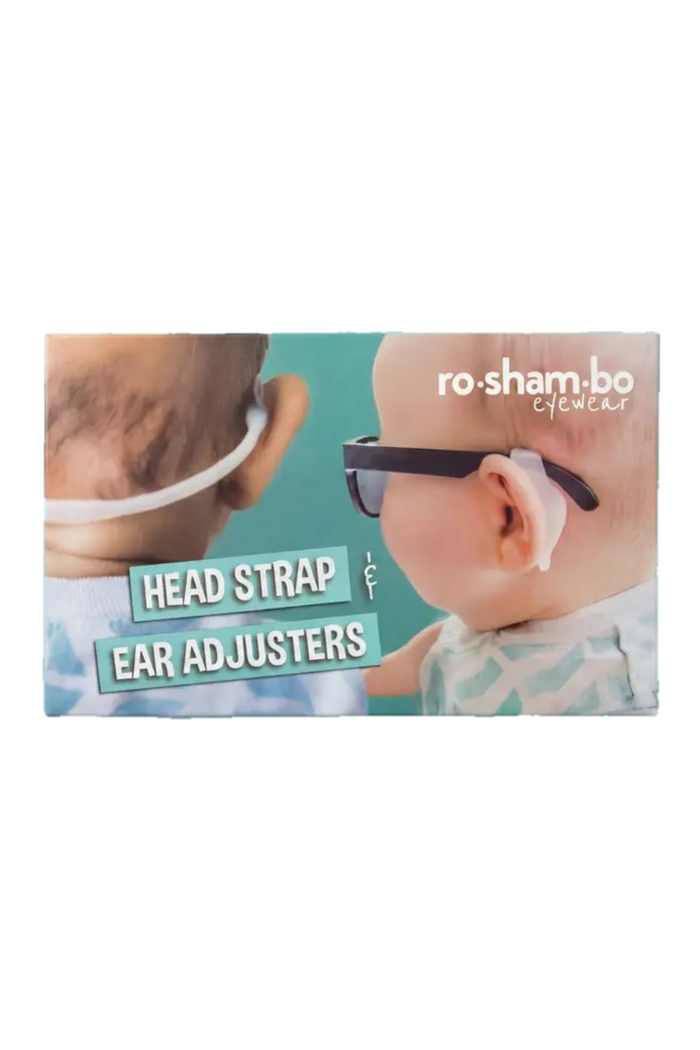 Product packaging for 'ro-sham-bo' head strap and ear adjusters with a close-up of a person wearing them.