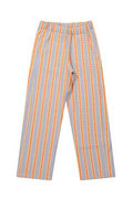 Striped pants with orange and gray pattern on a white background