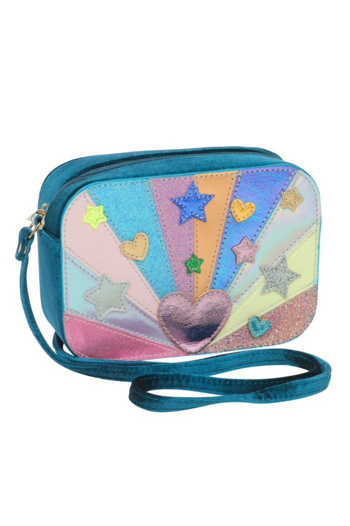 A small crossbody bag with a teal blue base and a colorful, iridescent fan design on the front featuring sequins and glitter stars in pink, blue, yellow, and green.