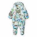 Snowsuit with pixel ski city print allover. Two front zipper for easy changing. Removable booties and hood.