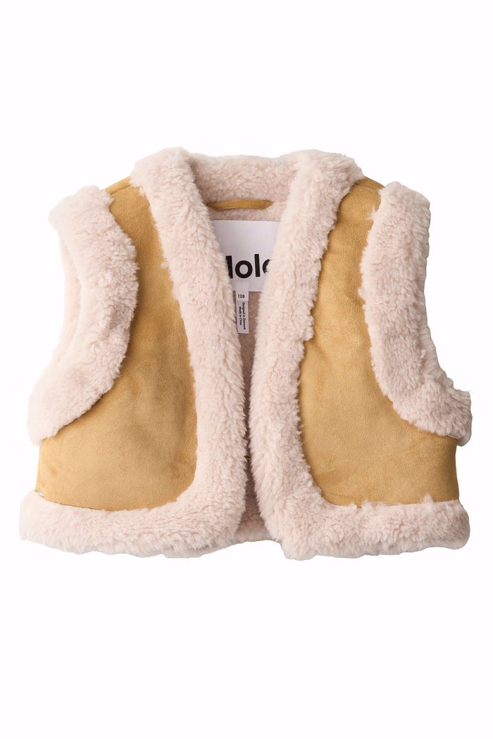 Beige children's vest with white sherpa lining on a white background