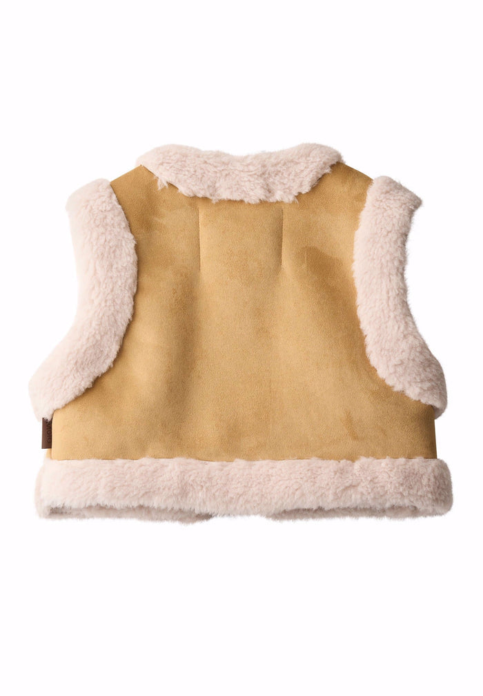 Beige vest with white sherpa lining on a white background