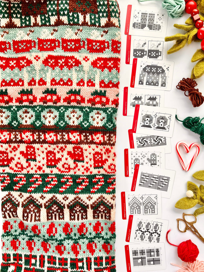 Holiday 3 Doodle chart cards beside a red and green gingerbread colorwork knit